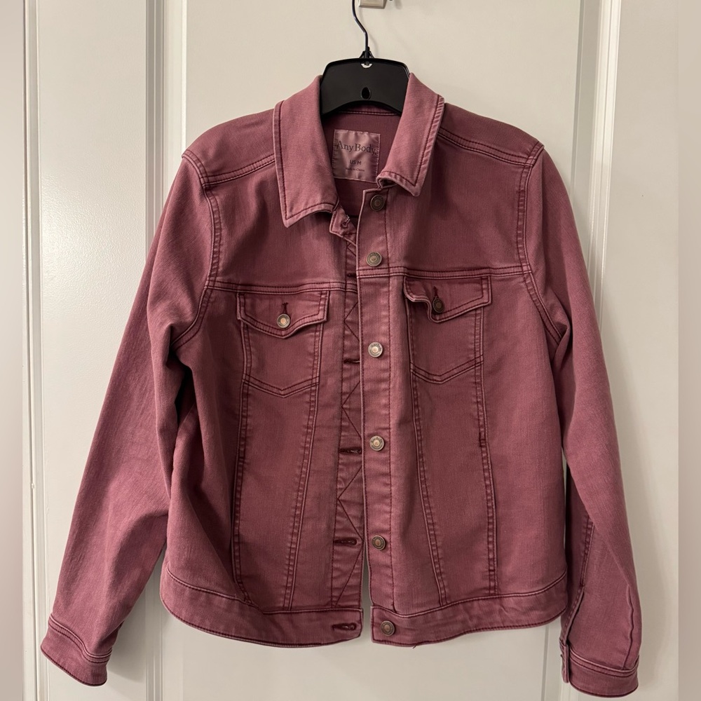 AnyBody Classic Denim Jean Trucker Jacket Washed Plum Purple Stretch Pockets